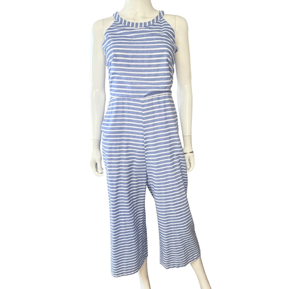Coastal Striped Jumpsuit Blue White WideLeg Boho Nautical Beachy Summer Romper S